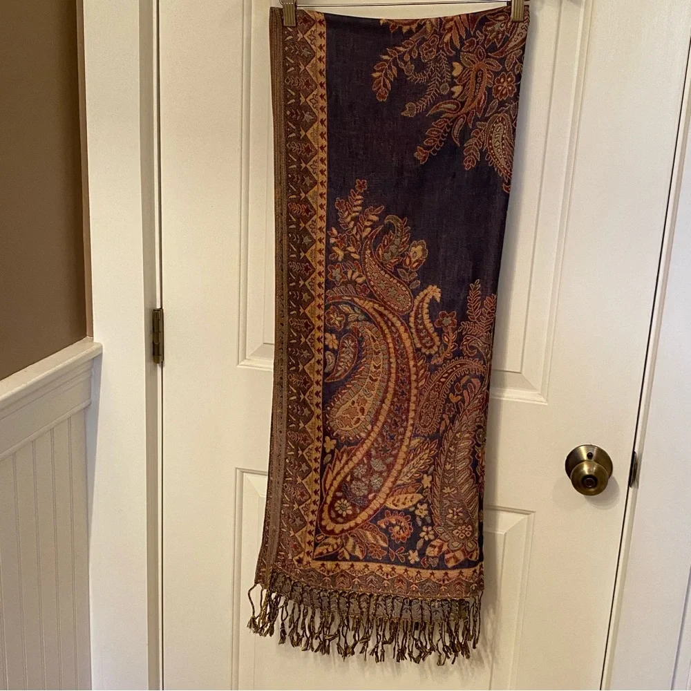 WAVERLY CELEBRATIONS SCARF WRAP PASHMINA BLUE TAN RED FLORAL PAISLEY LARGE